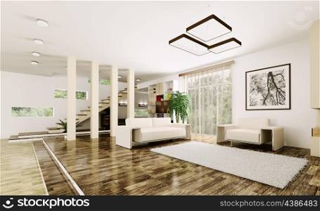 Interior of modern living room with staircase 3d render