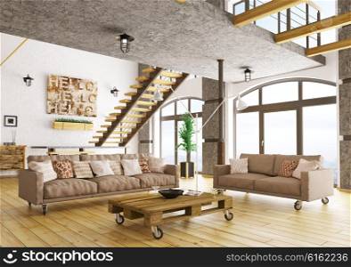 Interior of modern living room with staircase, two sofas, pallet table 3d rendering