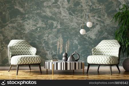 Interior of modern living room with striped accent coffee table and classical patterned armchairs, stone stucco wall. Home design with pendant light. 3d rendering