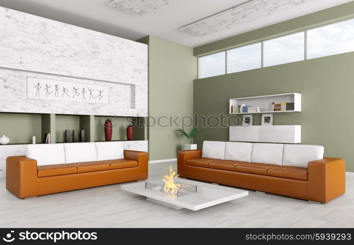 Interior of modern living room with two sofas 3d render