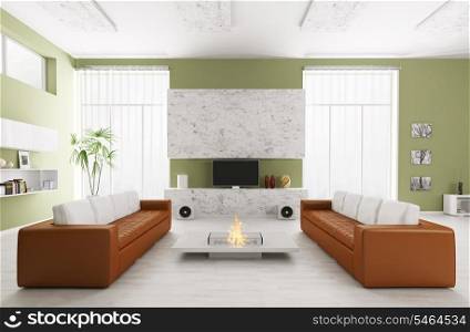 Interior of modern living room with two sofas and tv 3d render