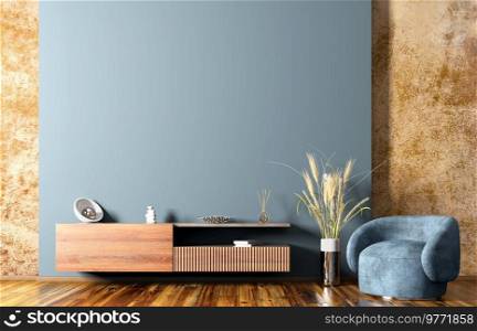 Interior of modern living room with wooden sideboard over blue wall. Cozy contemporary room with  TV stand and armchair. Home design background. 3d rendering