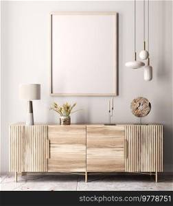 Interior of modern living room with wooden sideboard over white wall. Contemporary room with  dresser. Marble flooring. Home design with pendant lights and mock up poster frame. 3d rendering