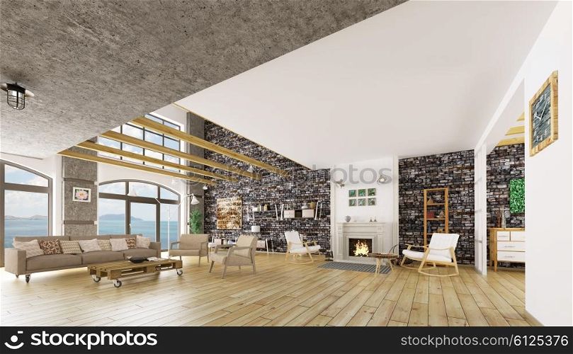 Interior of modern loft apartment, living room, lounge area 3d render