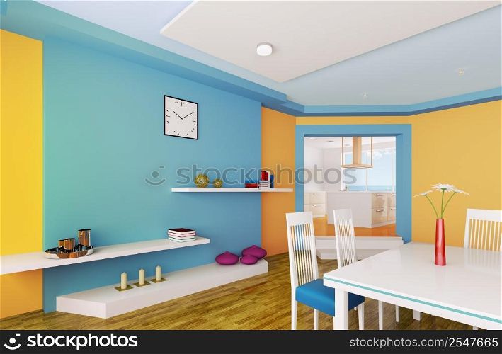 Interior of modern orange blue dining room 3d render