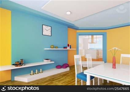 Interior of modern orange blue dining room 3d render