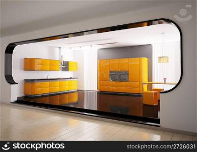 Interior of modern orange gray kitchen 3d