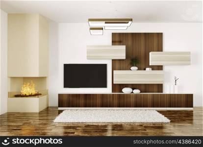 Interior of modern room with fireplace and lcd tv 3d render