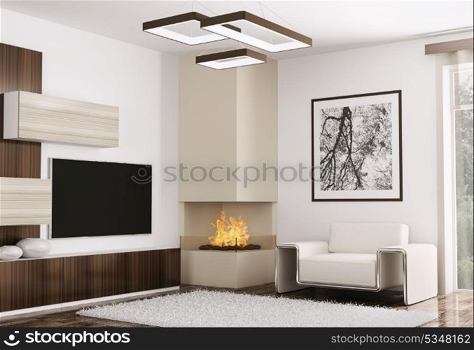 Interior of modern room with sofa and fireplace 3d render