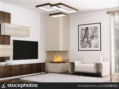 Interior of modern room with sofa and fireplace 3d render