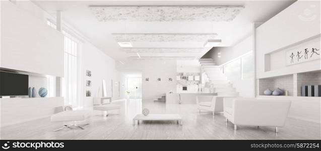 Interior of modern white apartment hall kitchen panorama 3d render