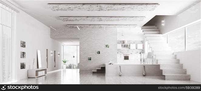 Interior of modern white apartment hall kitchen panorama 3d render