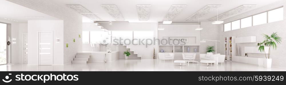 Interior of modern white apartment living dining room hall panorama 3d render