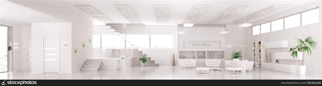 Interior of modern white apartment living dining room hall panorama 3d render
