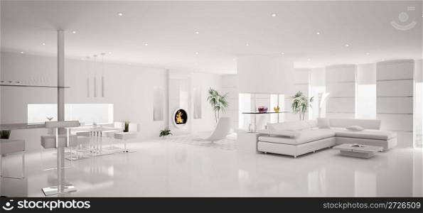 Interior of modern white apartment living dining room panorama 3d render
