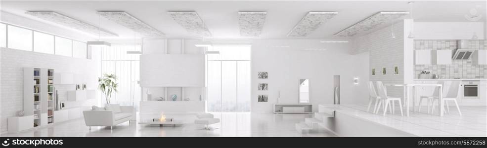 Interior of modern white apartment living room hall kitchen panorama 3d render