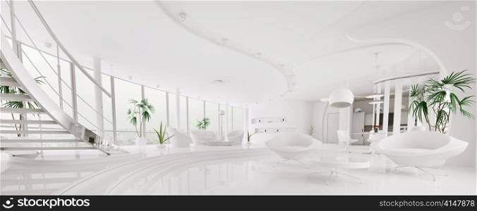 Interior of modern white apartment living room hall panorama 3d render