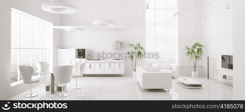 Interior of modern white apartment living room kitchen 3d render