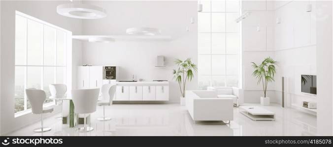 Interior of modern white apartment living room kitchen 3d render