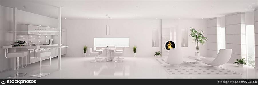 Interior of modern white apartment living room kitchen panorama 3d render