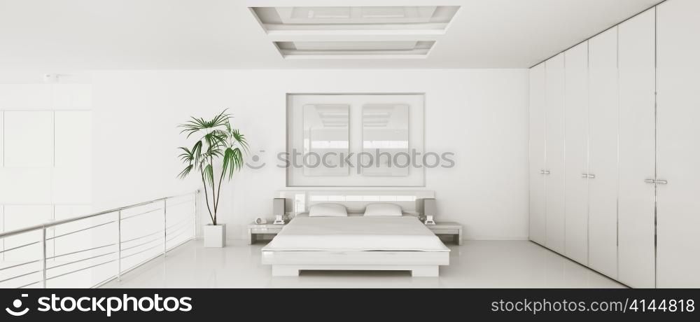Interior of modern white bedroom panorama 3d render