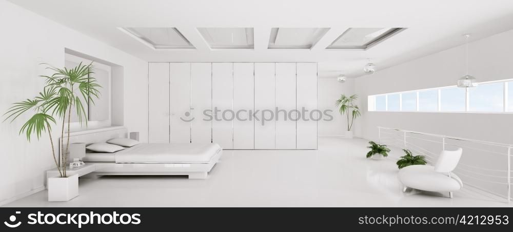 Interior of modern white bedroom panorama 3d render