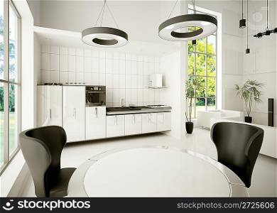 Interior of modern white kitchen 3d render