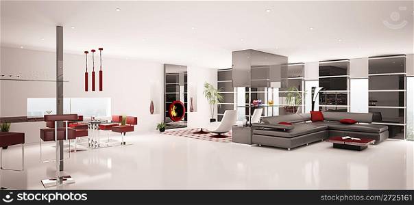 Interior of modern white living dining room panorama 3d render