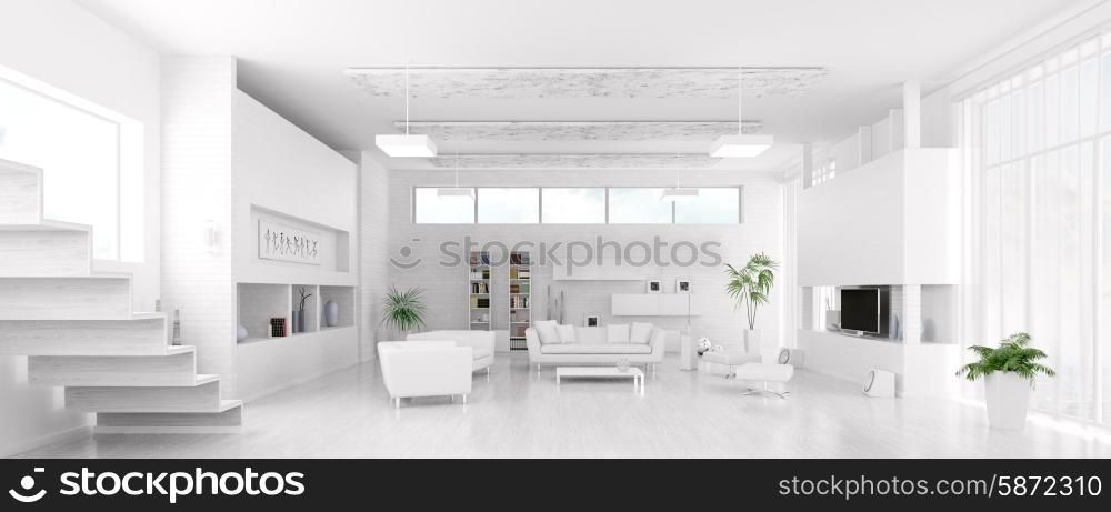 Interior of modern white living room panorama 3d render