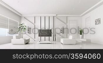 Interior of modern white living room with plasma tv 3d render