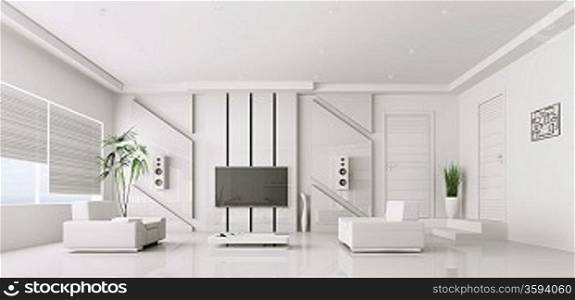 Interior of modern white living room with plasma tv 3d render