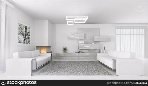 Interior of modern white living room with two sofas 3d render