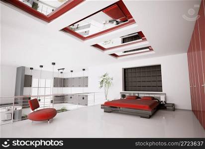 Interior of modern white red black bedroom 3d render