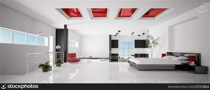 Interior of modern white red black bedroom panorama 3d render