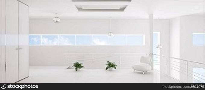 Interior of modern white room panorama 3d render