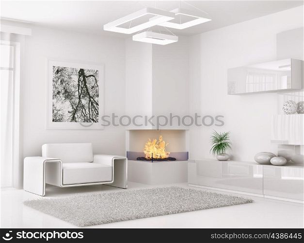 Interior of modern white room with armchair and fireplace 3d render