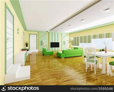 Interior of modern yellow green apartment 3d render