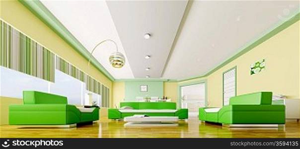 Interior of modern yellow green living room panorama 3d render