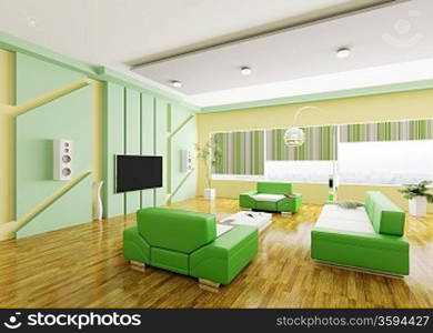Interior of modernyellow green living room 3d render