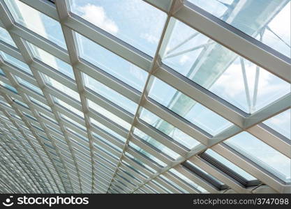 interior of office building with metal and glass roof