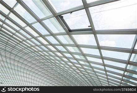 interior of office building with metal and glass roof
