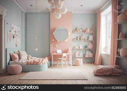 interior of playroom for children at home painted in pastel colors. distinct generative AI image.. interior of playroom for children at home painted in pastel colors