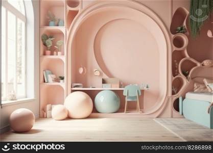 interior of playroom for children at home painted in pastel colors. distinct generative AI image.. interior of playroom for children at home painted in pastel colors