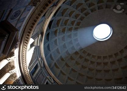 Interior of Rome Pantheon with the famous ray of light from the top
