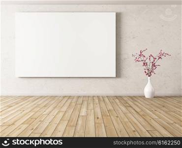 Interior of room with big poster and flower vase background 3d rendering