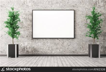 Interior of room with big poster on the concrete wall and plants 3d render