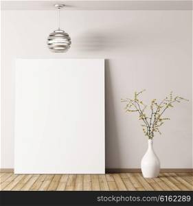 Interior of room with poster, lamp and flower vase background 3d rendering