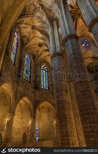 Interior of Santa Maria del Mar, the most beautiful gothic church in Barcelona