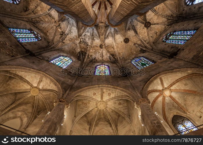 Interior of Santa Maria del Mar, the most beautiful gothic church in Barcelona