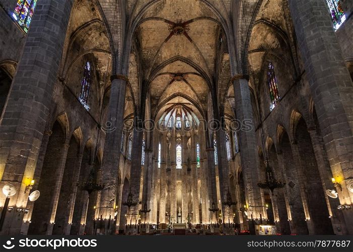 Interior of Santa Maria del Mar, the most beautiful gothic church in Barcelona